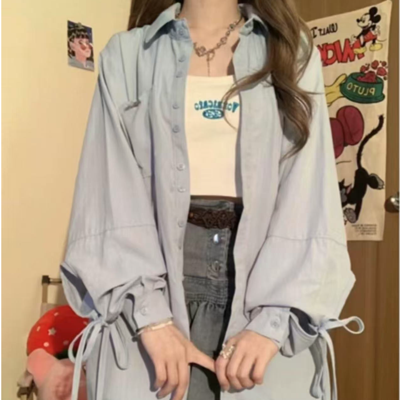 2025新款绑带长袖衬衫+字母印花背心秋季宽松设计感衬衫两件套
