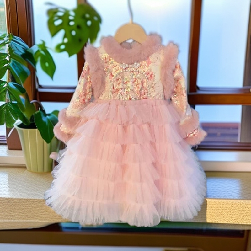 【J4029加绒】2025冬款粉色新中式蛋糕加绒加厚女童公主裙