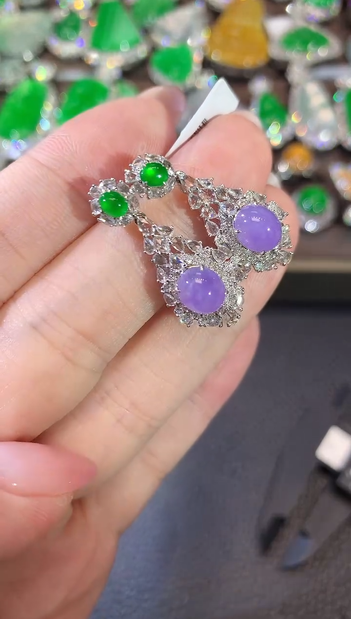 【闪购商品】翡翠耳饰18K金镶嵌C75 紫货有一定色差