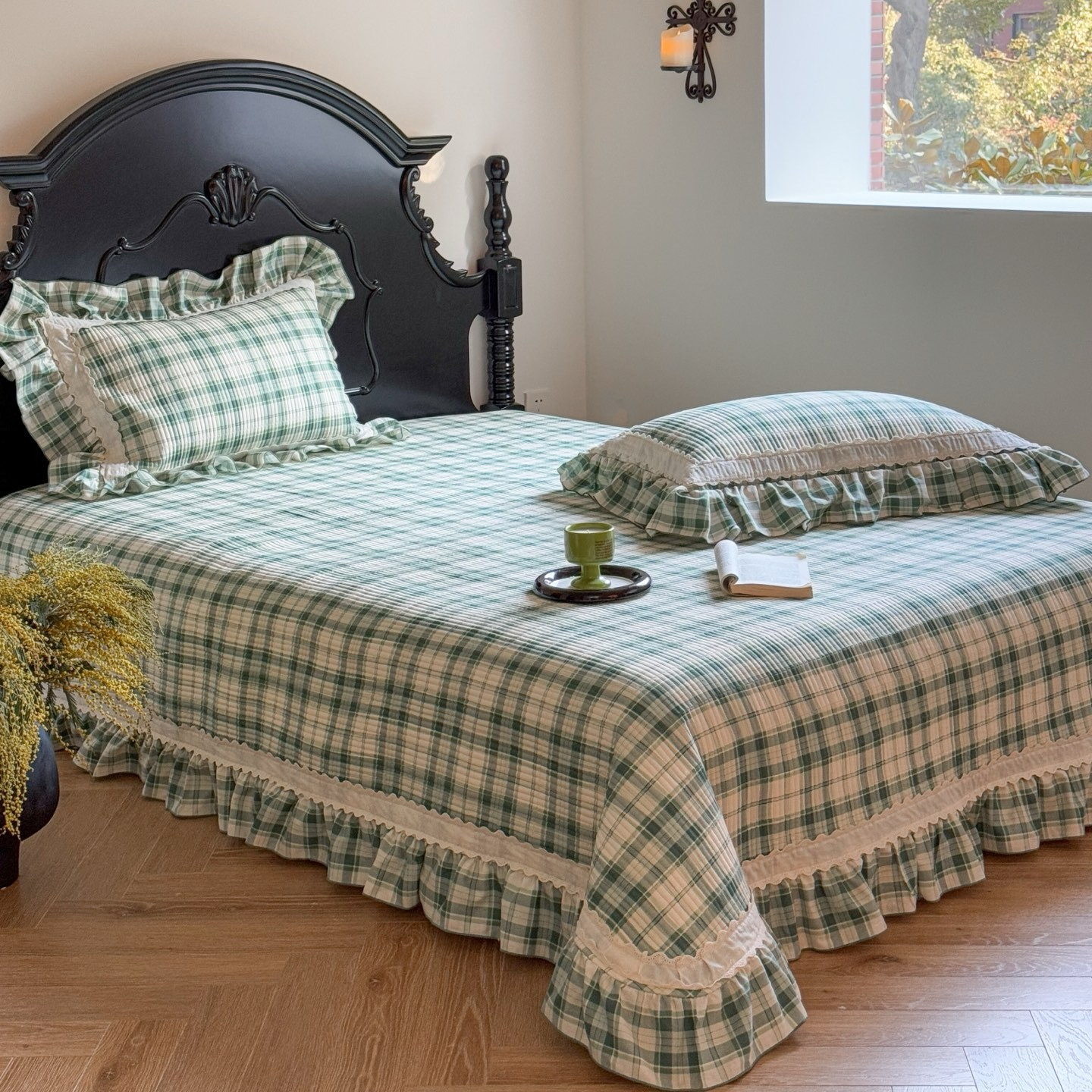 高定版100%全棉色织纱布床盖三件套格子系列纯棉双层纱花边款