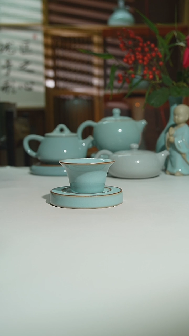 珑匠天青双线杯垫加小马蹄杯一级