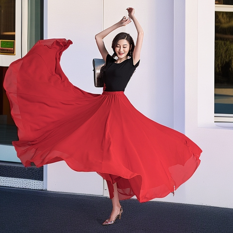 720度雪纺半身裙新疆舞古典舞演出服长裙仙雪纺大摆裙现代芭蕾舞