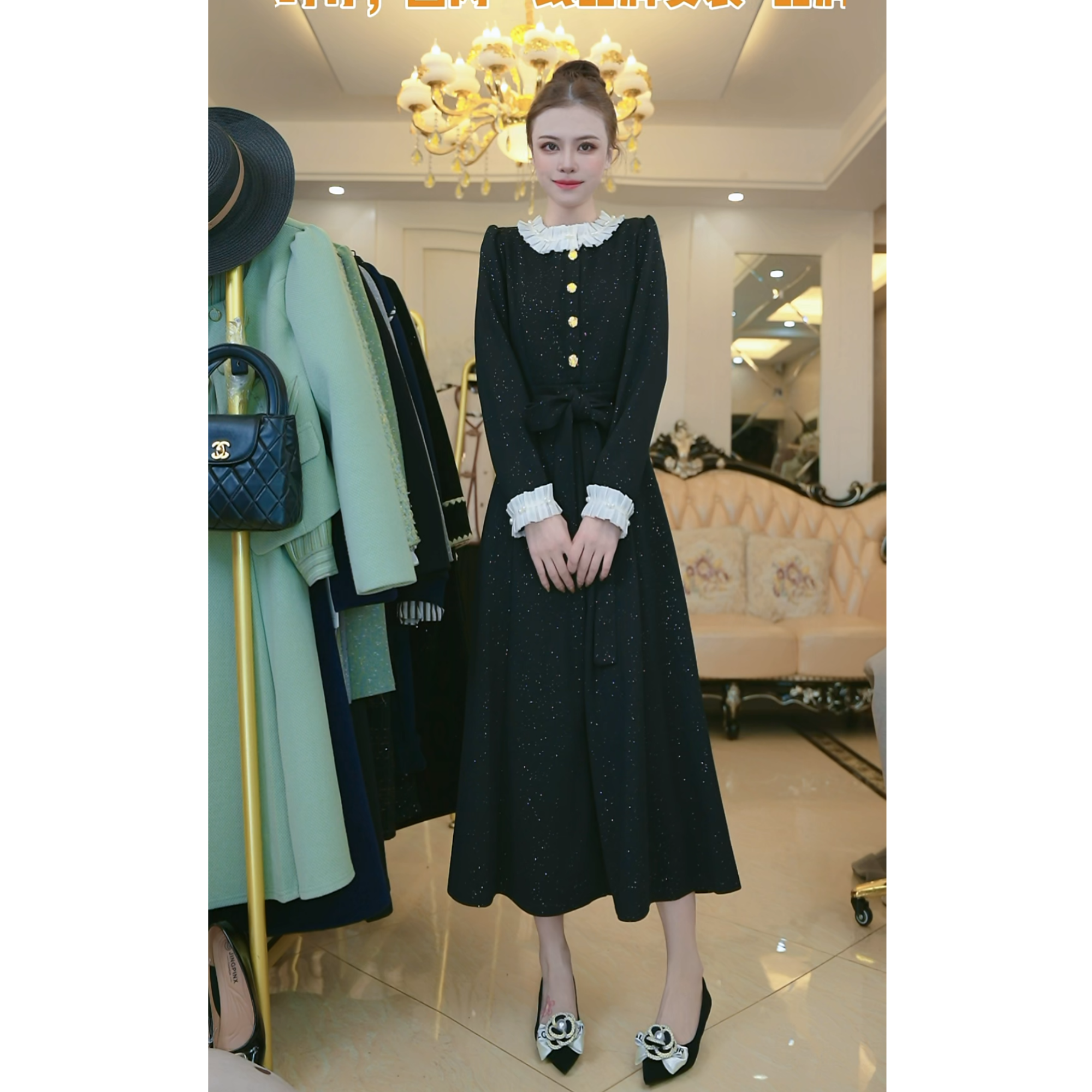 高档贵妃小黑裙连衣裙女新款赫本时尚木耳拼接过膝收腰Y659101