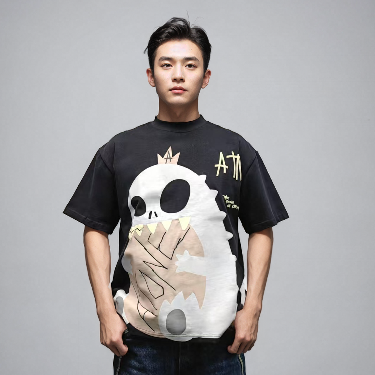 重磅高领磨毛呆萌卡通恐龙发泡印花男女短袖t恤纯棉潮流圆领012