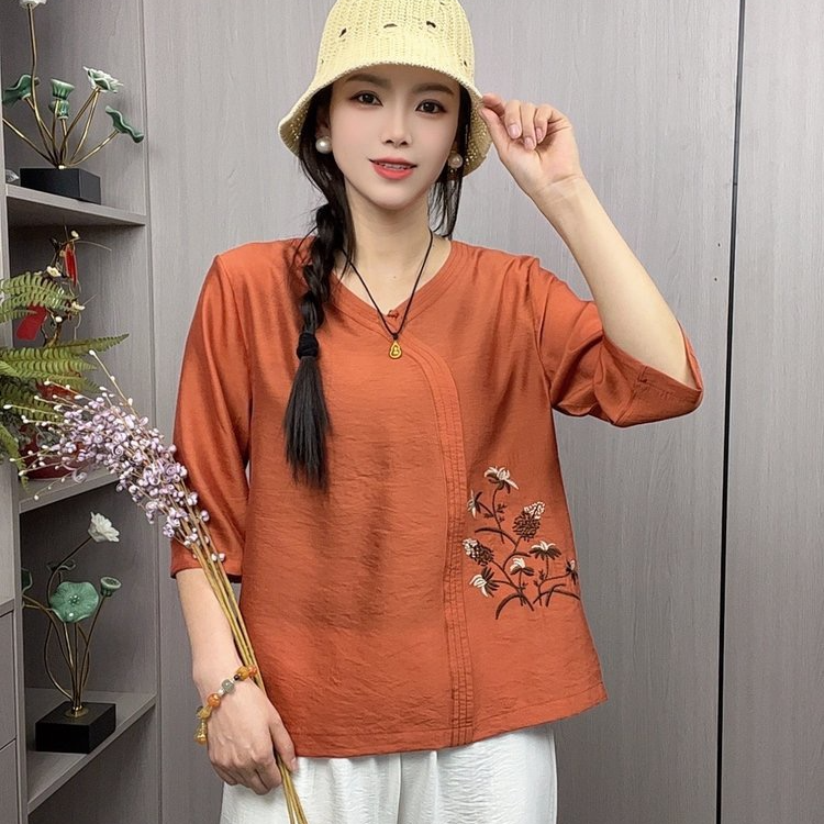 2025新款中国风宽松斜襟刺绣上衣时尚洋气百搭减龄中袖女爆款