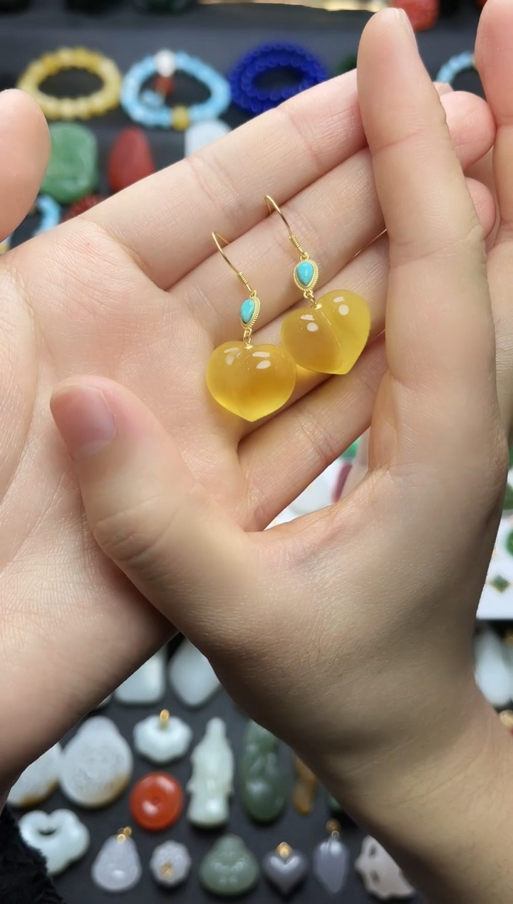 蜜蜡银S925镶嵌耳饰爱心耳钩06