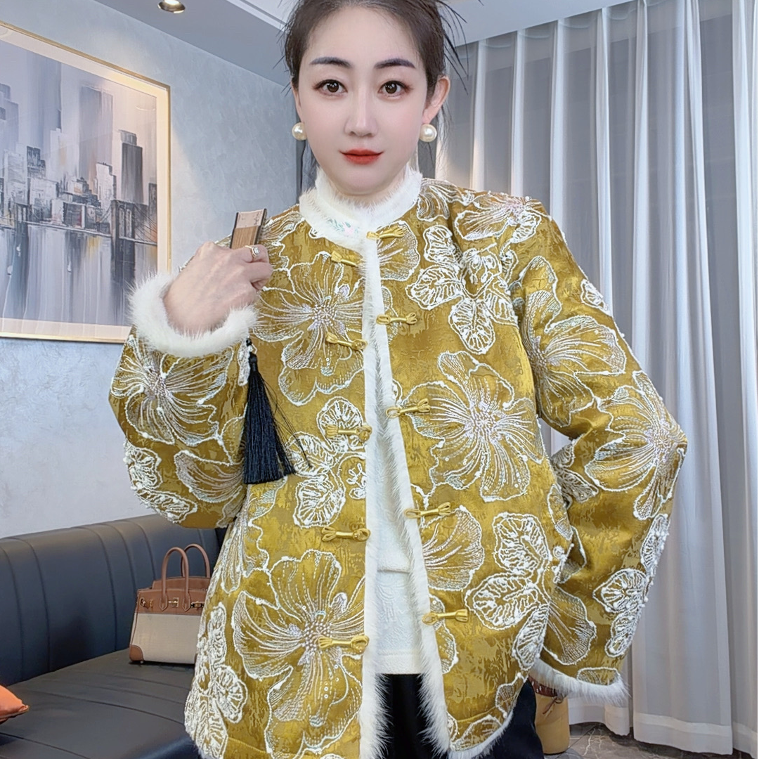 双面穿新中式冬季皮毛一体圆领上衣水貂毛新中式唐装提花外套S017