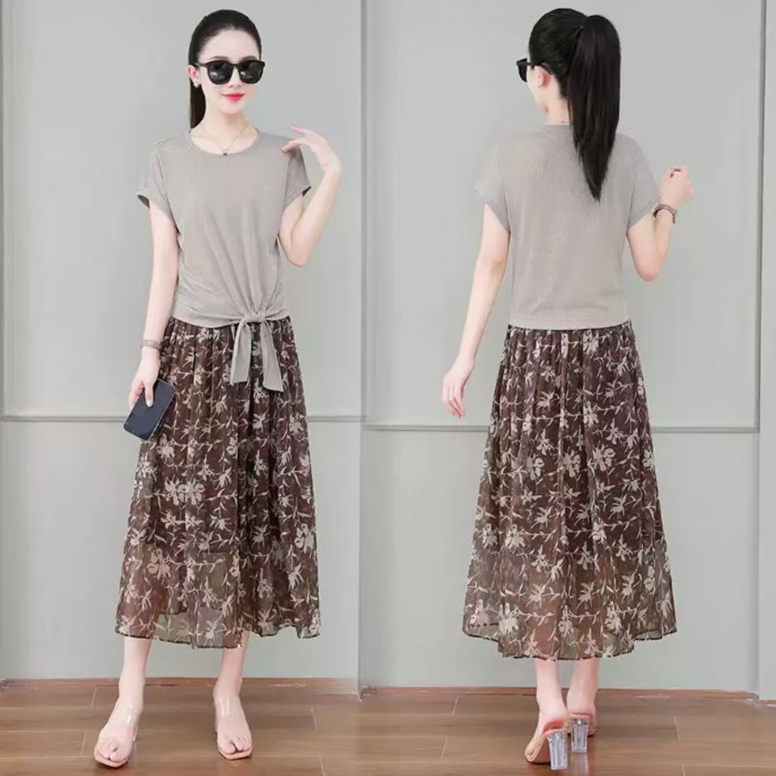 2025夏季时尚气质圆领短袖半身裙两件套女8378【4】