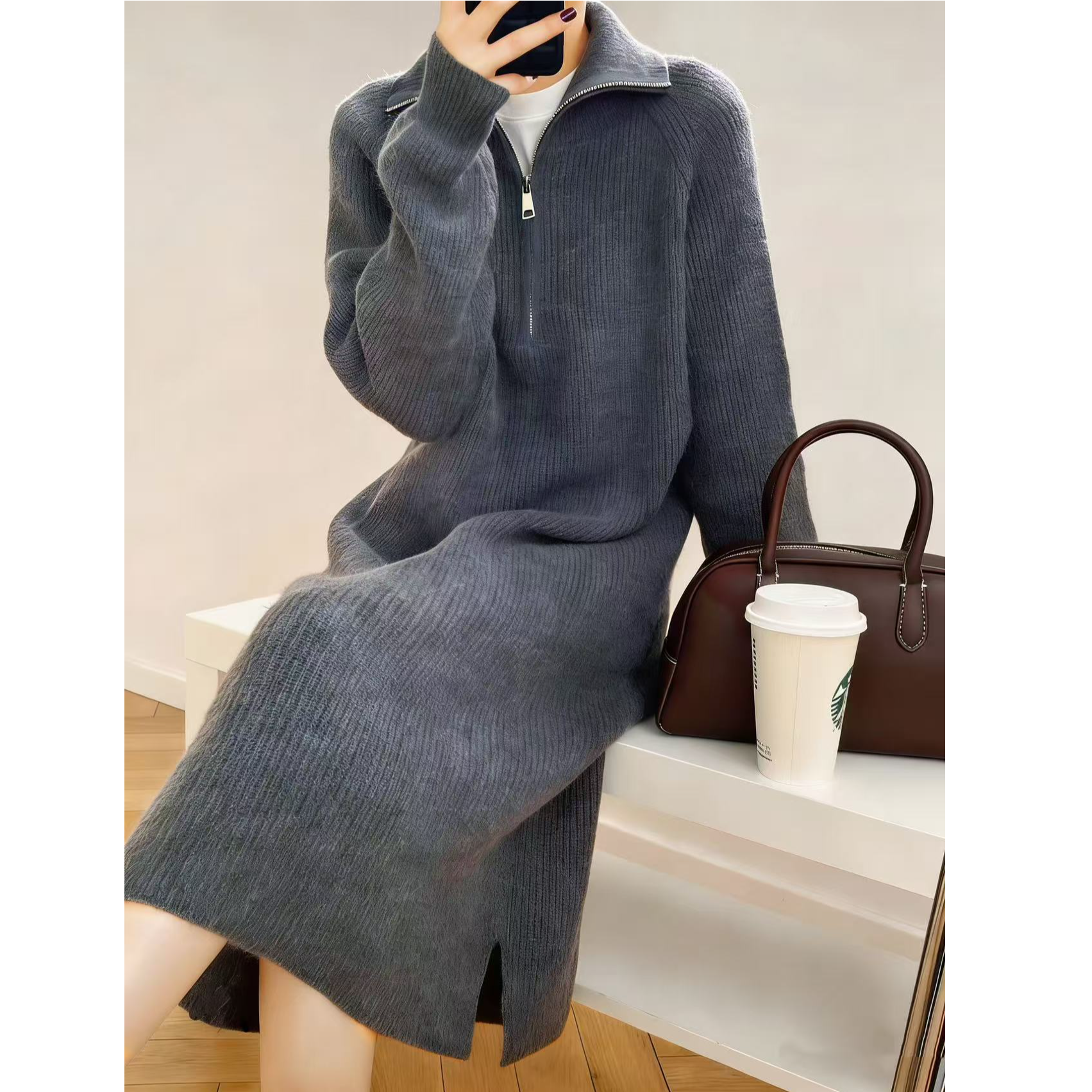 9326-半拉链（翻领两色）浣熊绒超好看针织连衣裙