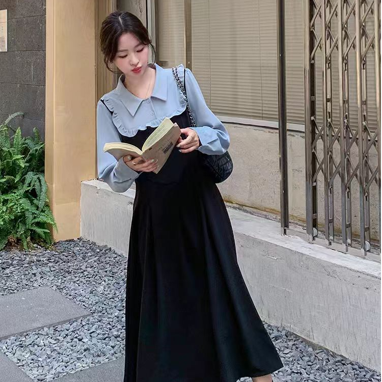 撞色设计感假两件拼接连衣裙女2025春季新款法式轻熟风长裙1623