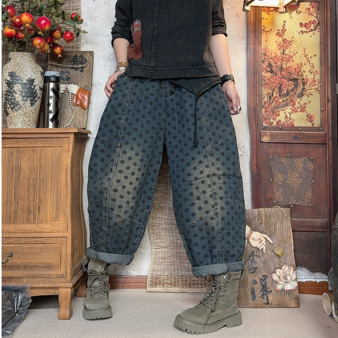 7972款夏季宽松潮流个性炒色做旧牛仔印花直筒裤【裤长65臀围140】