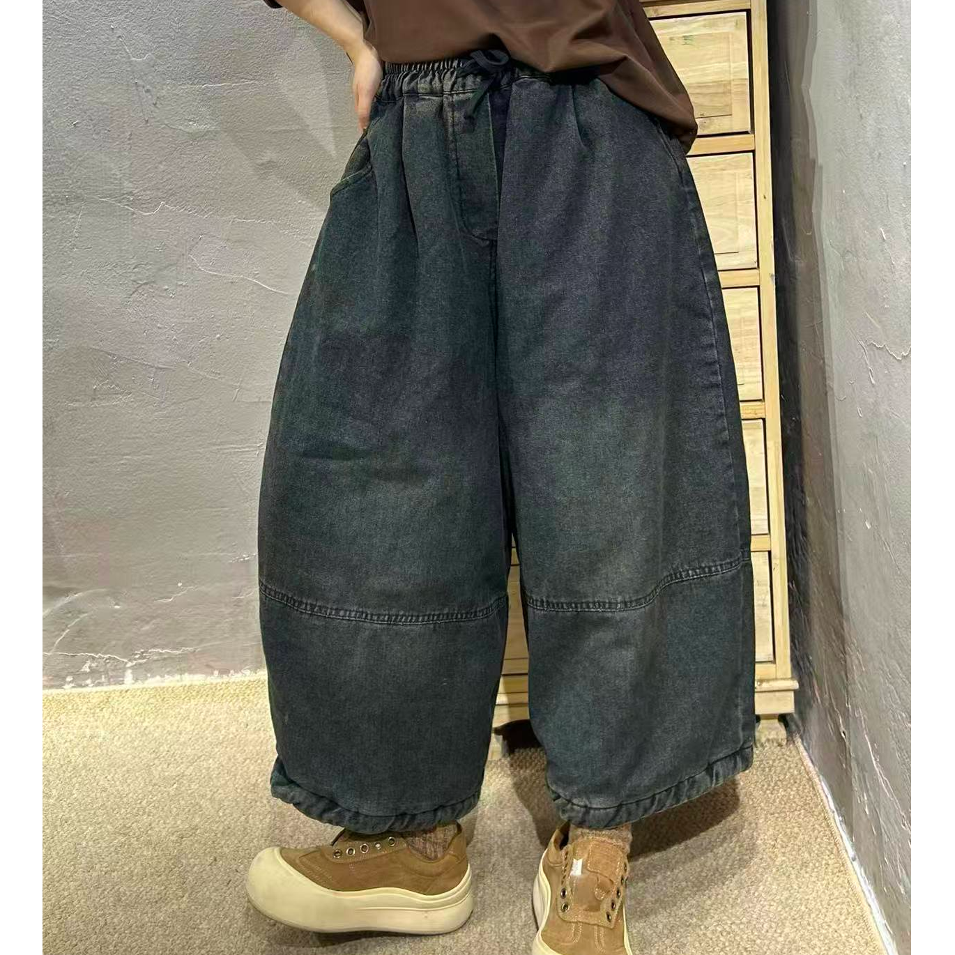 【半奏】冬季复古格子撞色裤脚双层夹棉牛仔裤 腰90-106臀130长83