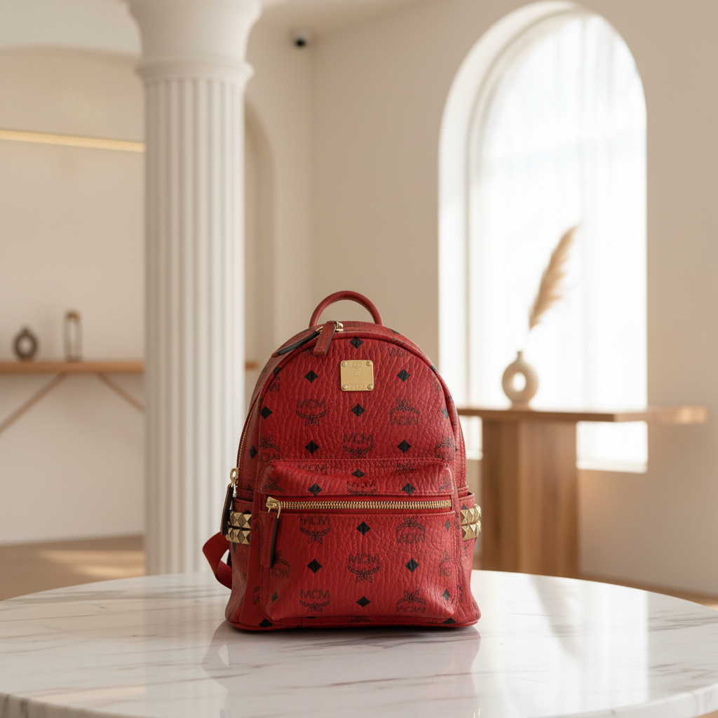 95新 MCM 21红色mini双肩包/ZH10508517/8517