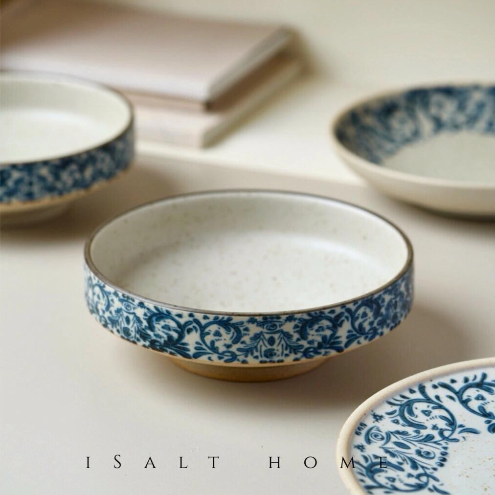 手绘鸢尾花高足碗.粗陶青花陶瓷甜品餐具碗饭碗面汤碗家用/出丹麦