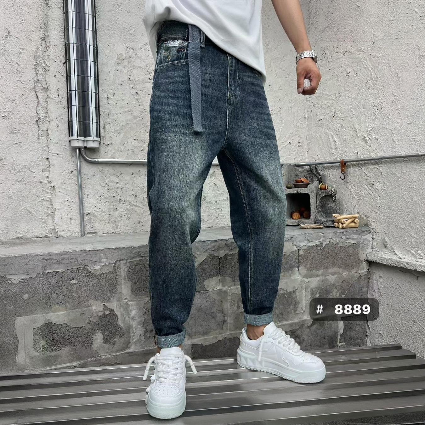 裤子秋冬锥形裤宽松长裤时尚男立体抓痕口袋刺绣款男士牛仔裤8910