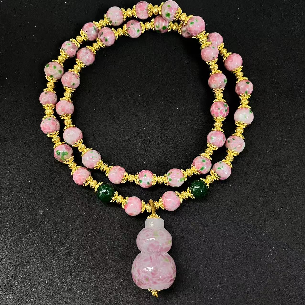 淄博老琉璃手工烧制雪巴珠子中古琉璃手链绿点翠粉蛙皮项链