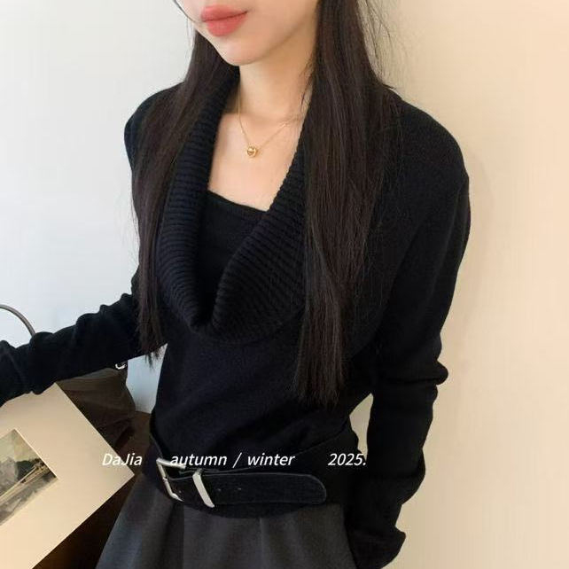 UN女装 翻领长袖慵懒风针织毛针织衫气质短款15663