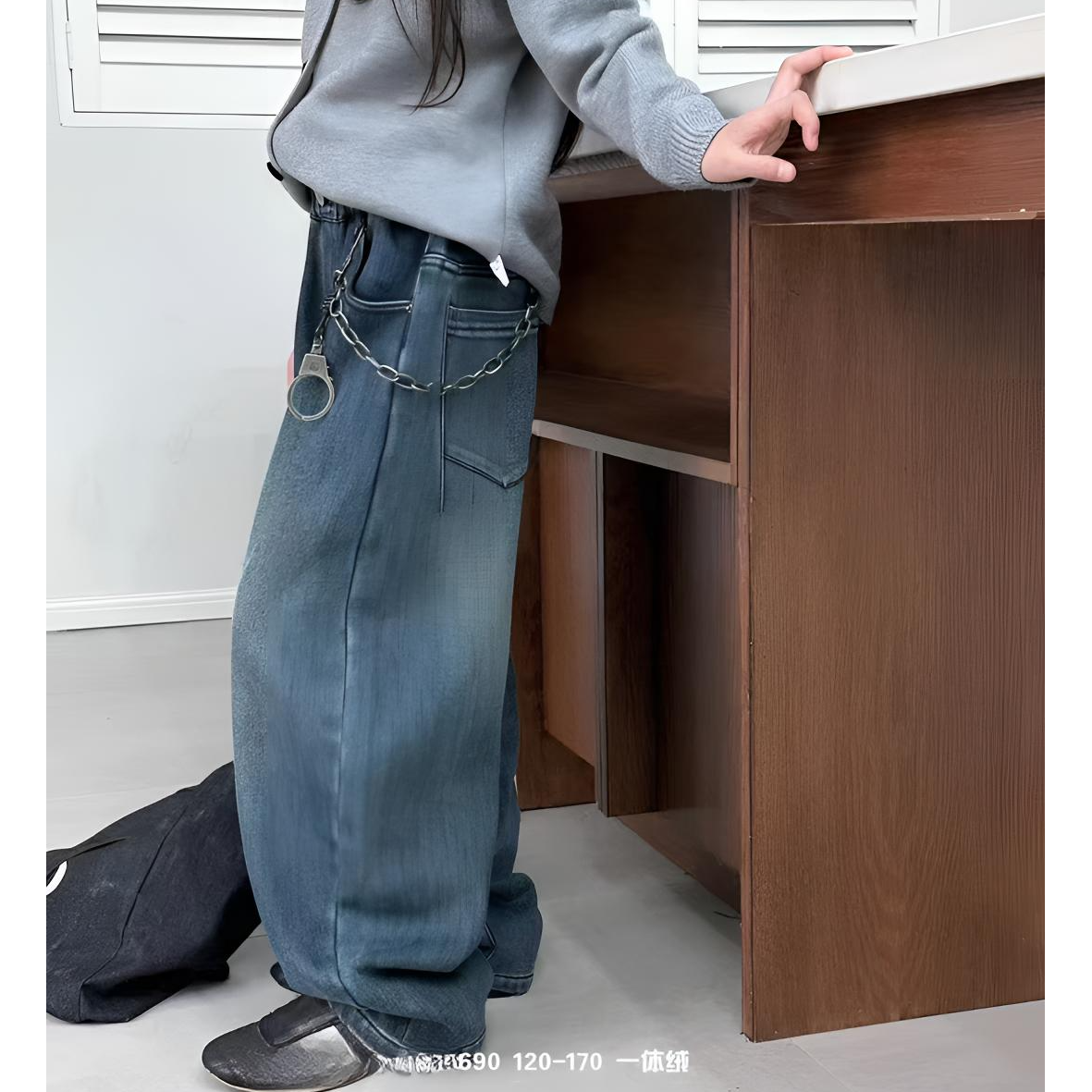 中大童新款时尚儿童童装宽松休闲时尚百搭牛仔一体绒裤6690