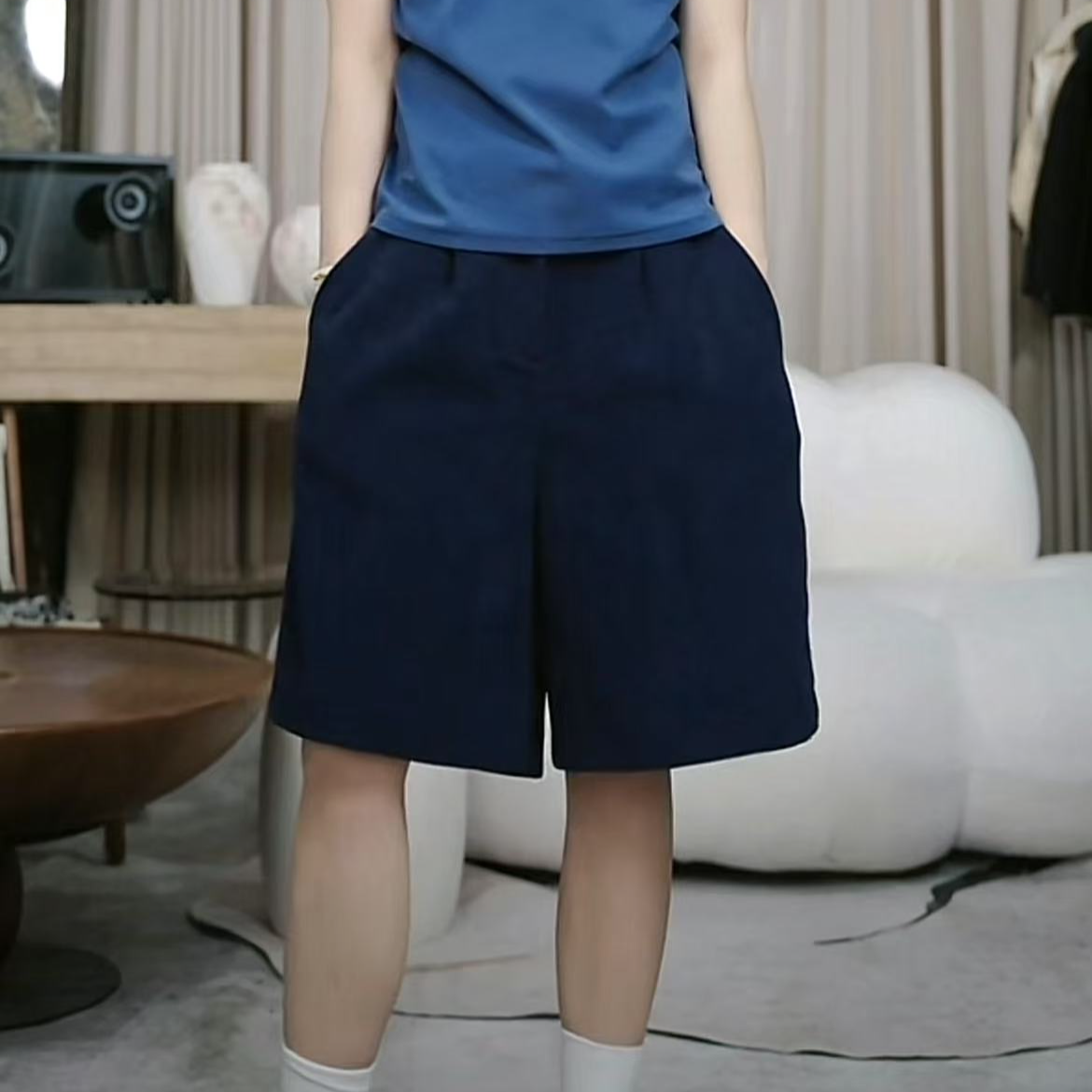 infobyfive福利秋季新款时尚百搭彩色竖坑条宽松中裤短裤2DJ2205