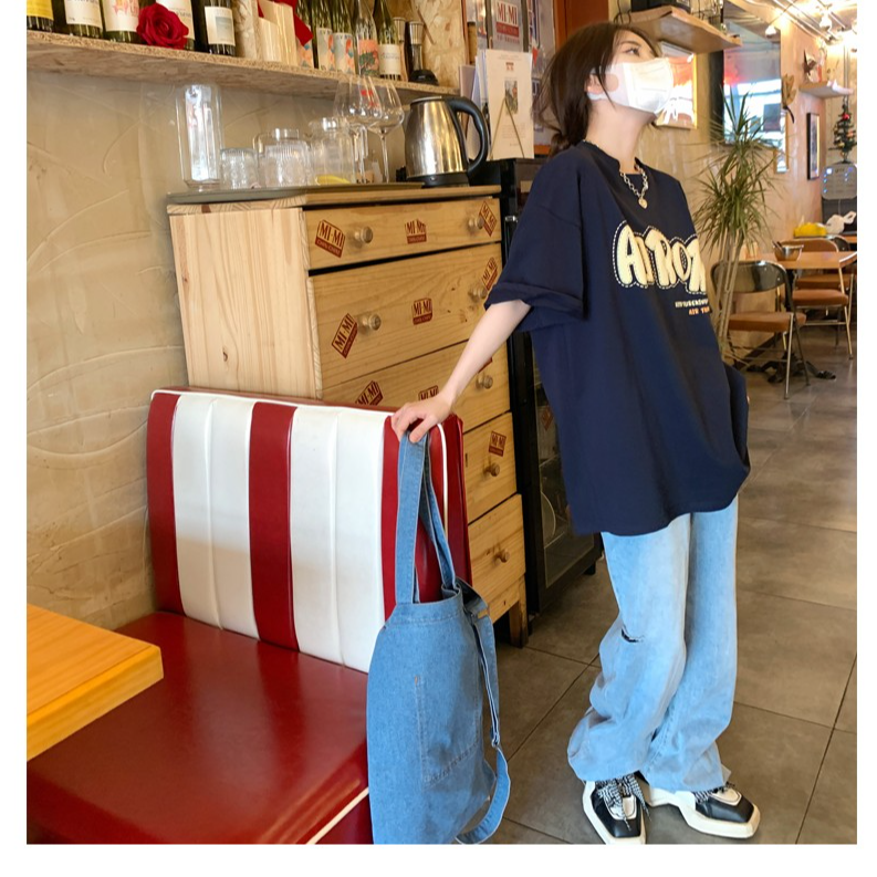 短袖印花夏季宽松oversize圆领上衣五分袖t恤女