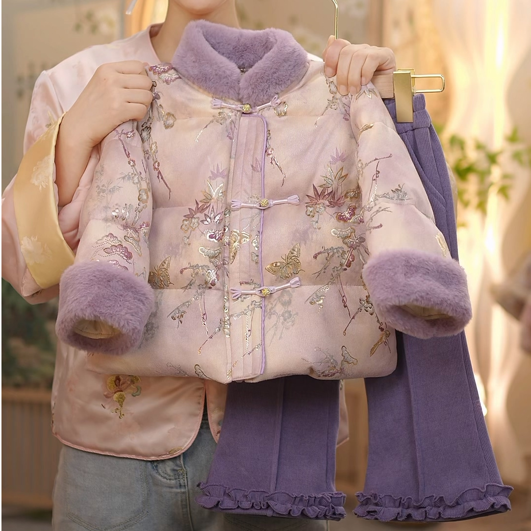 【紫月】带拉链SC714女童冬季新中式加绒加厚国风棉服外套裤拜年服