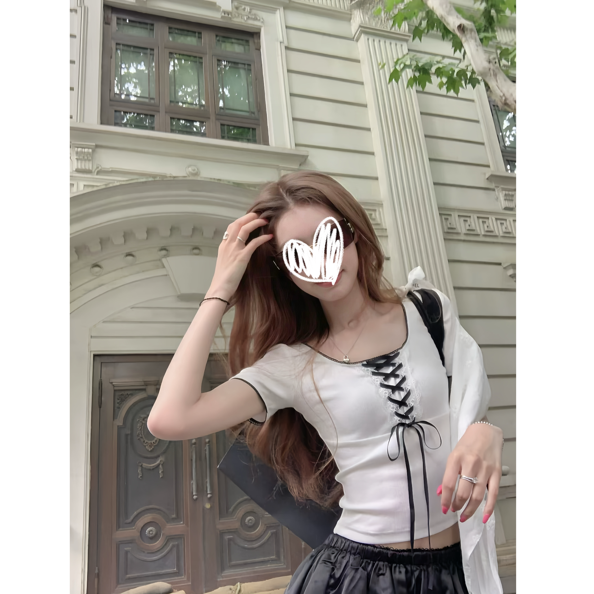 芭蕾tee 黑白撞色缎带蝴蝶结修身T恤
