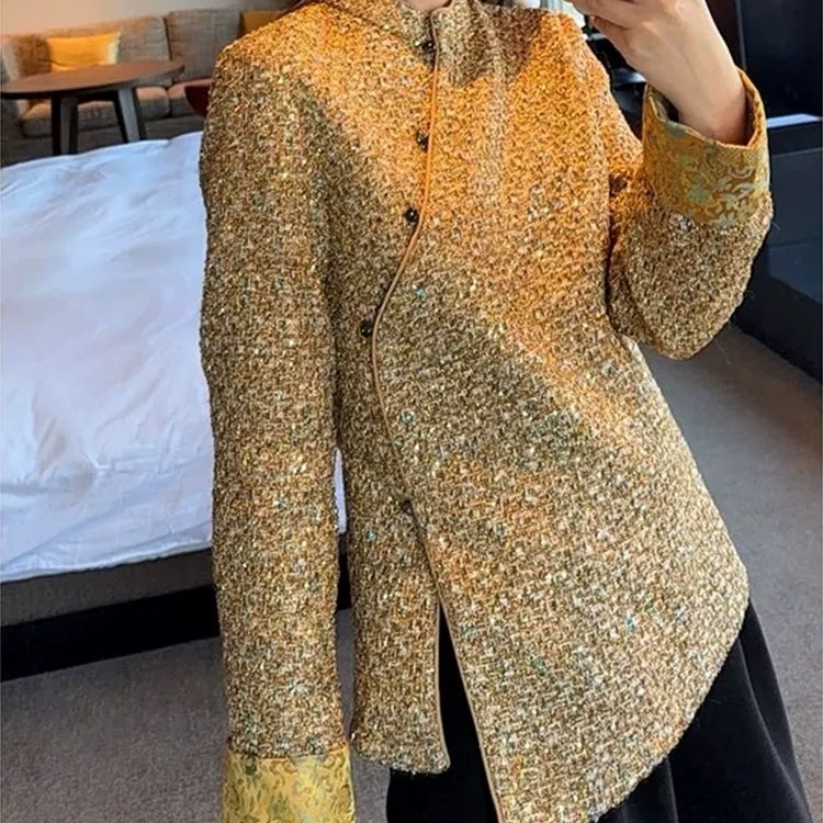 新中式国风编织料女立领盘扣开叉衬衣唐装棉服上衣外套