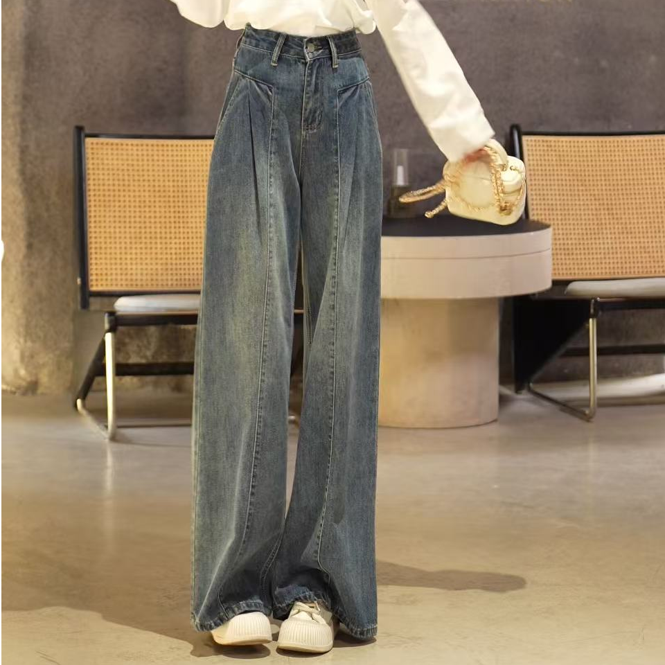 墨黛蓝新款复古休闲阔腿高腰显瘦垂感百搭直筒裤牛仔裤女7300 G