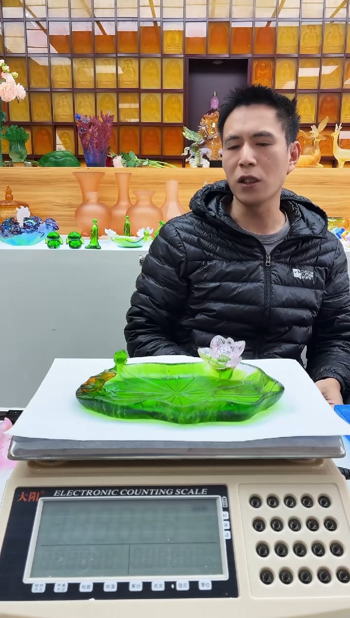 手工艺品琉璃绿色荷叶线香插果盘荷叶壶承21*13.5公分首冰冻烧