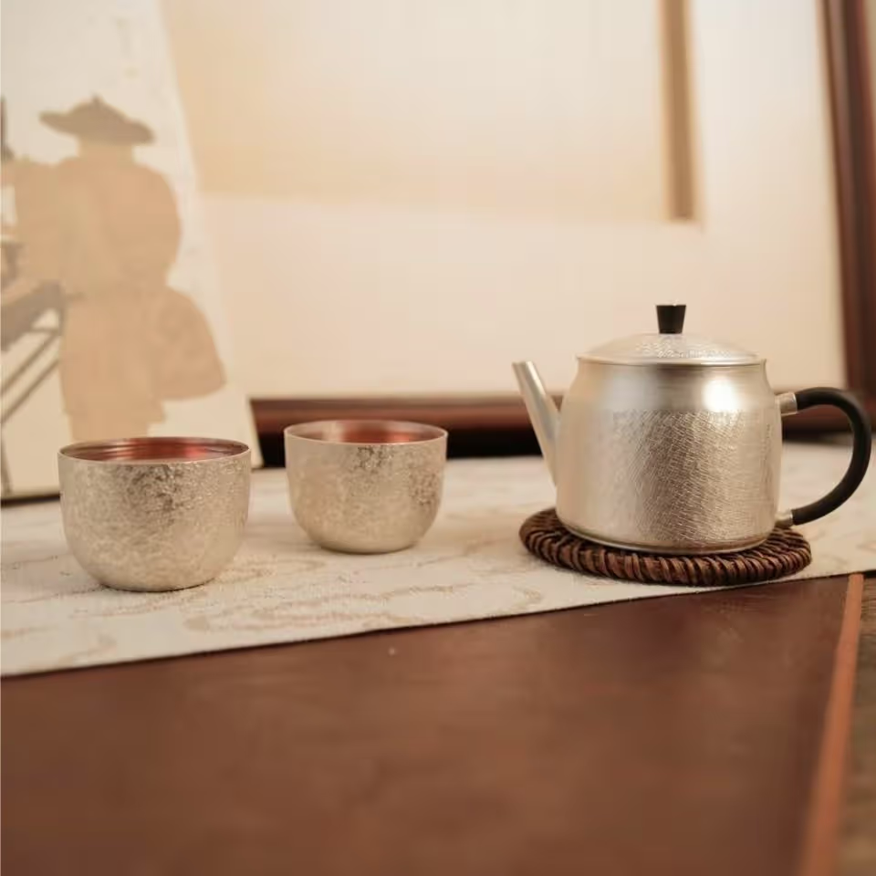 【大促】壶尔摩斯《布纹》套组一壶两杯 家用纯手工小容量便携足银999