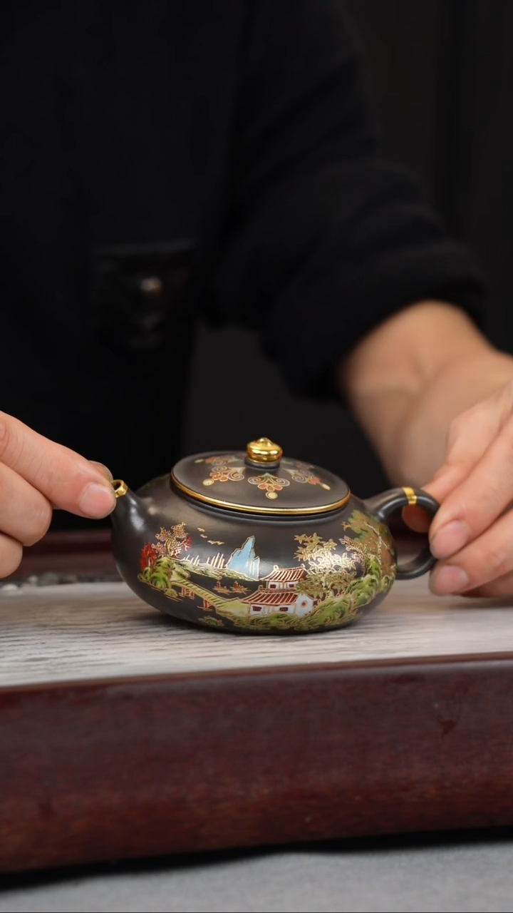 【闪购商品】紫砂茶壶石黄 寒江 山房珐琅彩