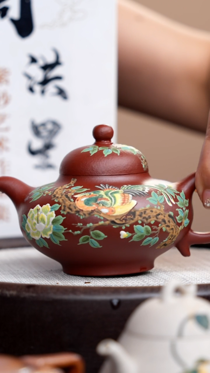茶壶紫砂大红袍华颖泥绘花鸟