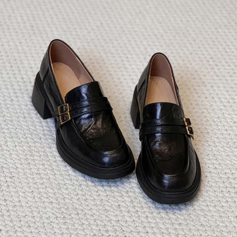 粗跟厚底乐福鞋女款2025新款爆款秋百搭一脚蹬小皮鞋赫本风格鞋子