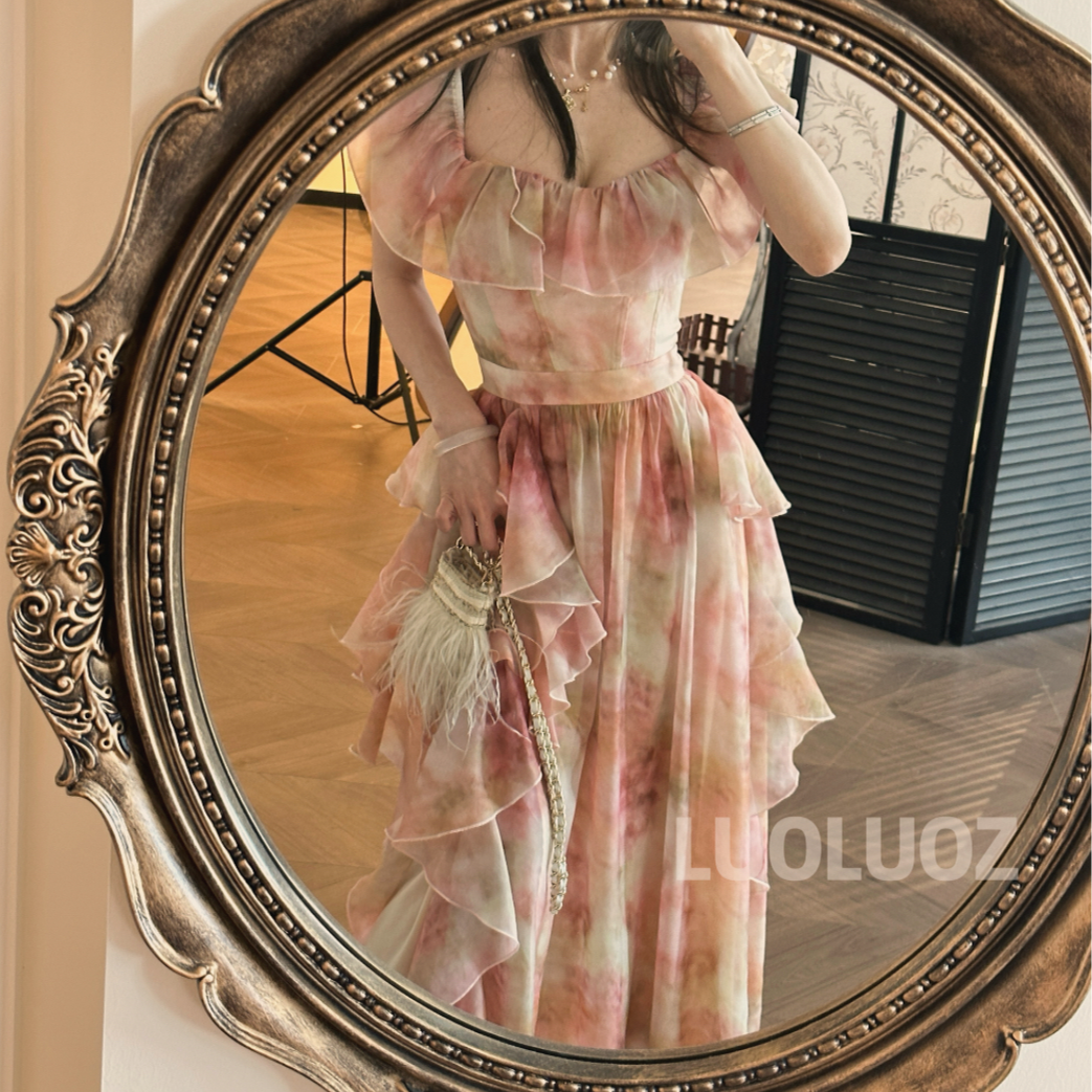 【现货】LUOLUOZ【浪漫茱丽叶】绝美色系仙气飘飘收腰长款连衣裙JF847