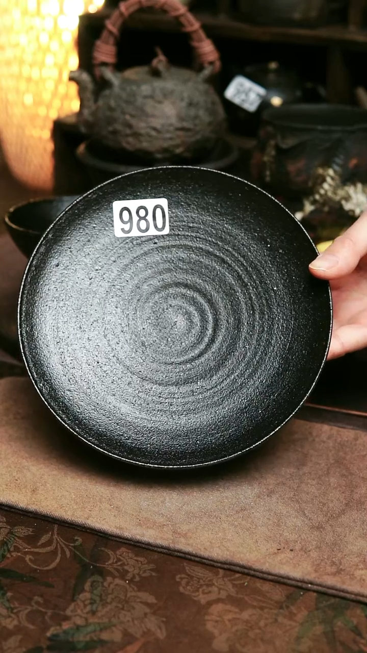 980号紫砂全手工黑色壶承，16.6厘米