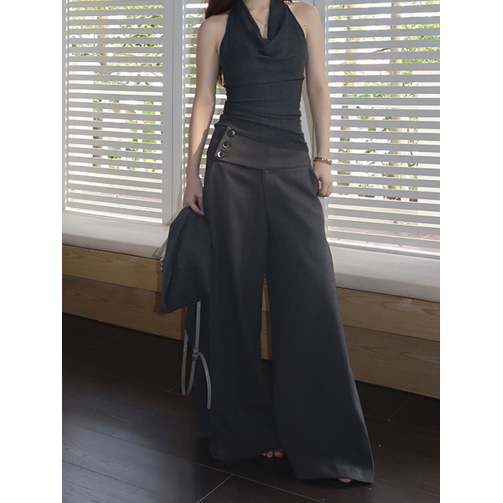 高级感深灰褶皱微弹毛呢休闲裤女秋季新款气质辣妹低腰显瘦阔腿裤