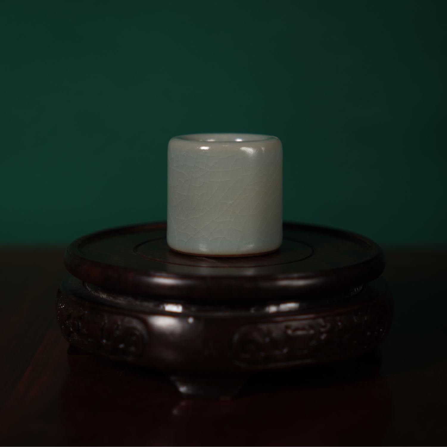 汝瓷原产地原矿釉仿古天青色扳指盖置（微瑕）开片可养纯手工陶瓷