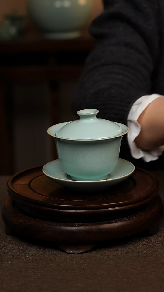 瓷片天青色全手工三才元宝盖碗150ml微瑕不带礼盒