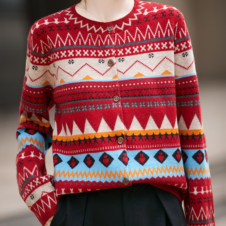 秋冬复古浣熊绒圆领针织开衫长袖女费尔岛提花上衣外套NSY-402