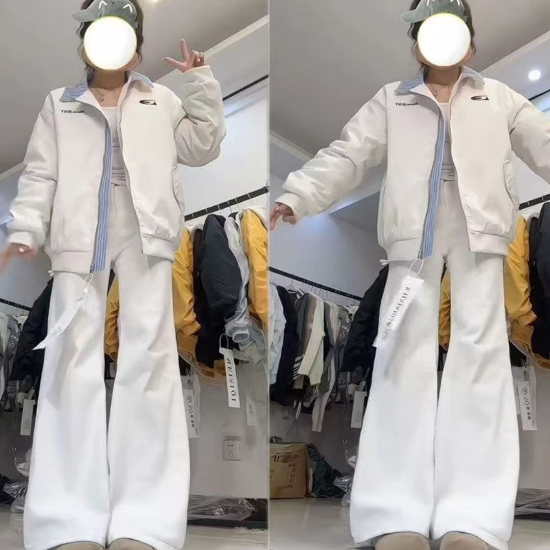 秋冬菱格二棉加厚美式拼接复古绣花假两件翻领保暖夹克外套女