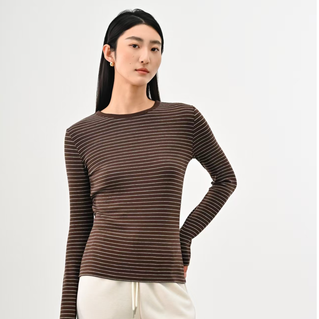 衣姐家慕斯绒条纹长袖T恤女圆领休闲打底衫保暖内搭HEN-3781