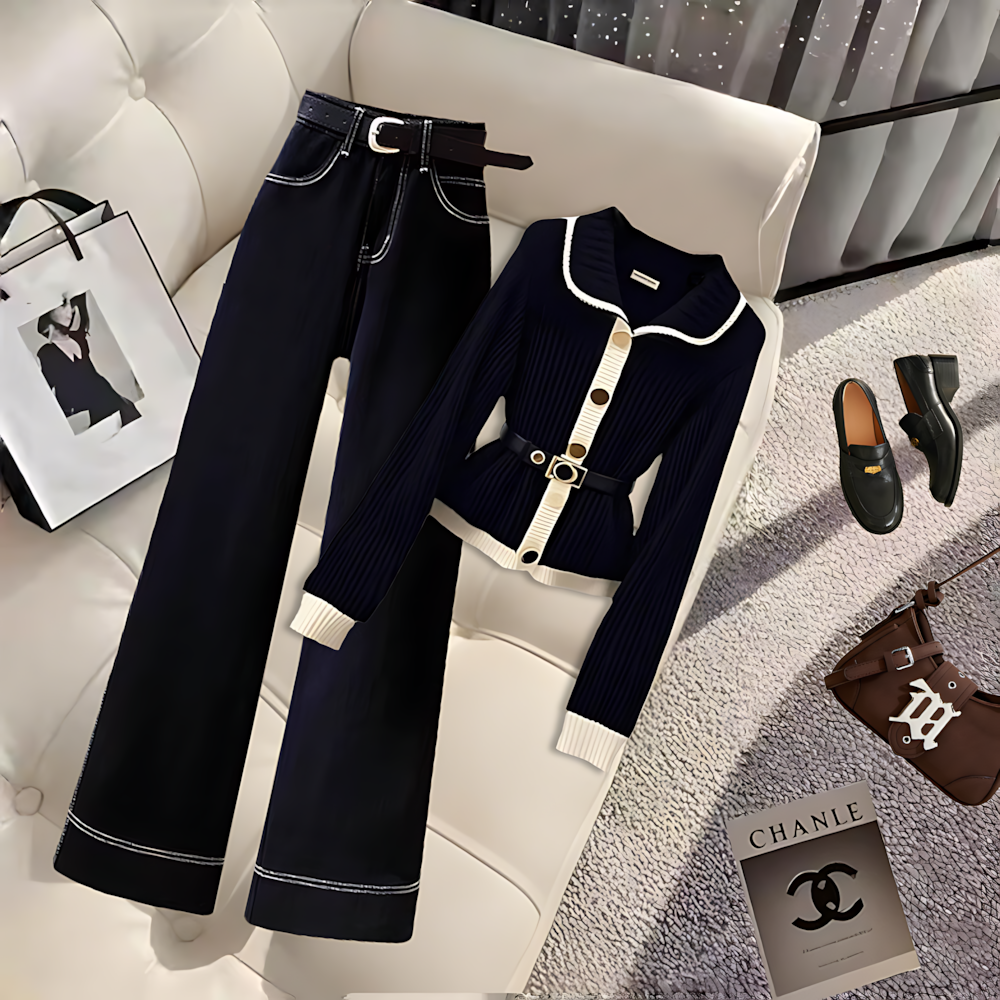2025套装女两件套高级感轻奢高端洋气独特小众黑白毛衣休闲牛仔裤