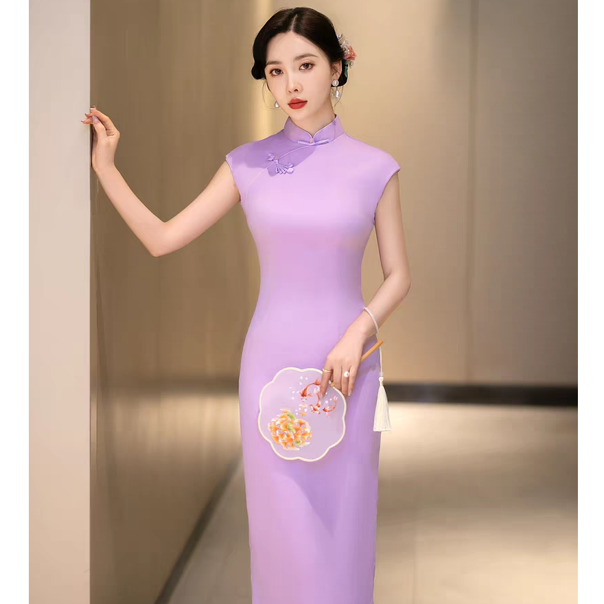 诺妮-浅紫色花扣长款无袖修身显瘦旗袍