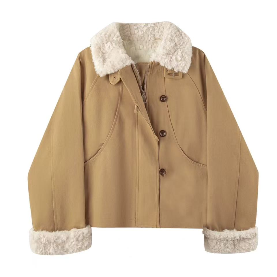 保暖宽松短款加厚钉珠毛领女休闲翻领