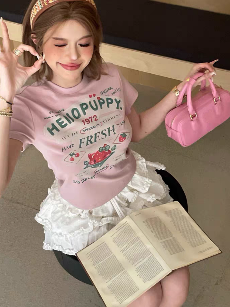 【济州岛】美式复古小众款草莓Kitty猫字母图案印花短袖