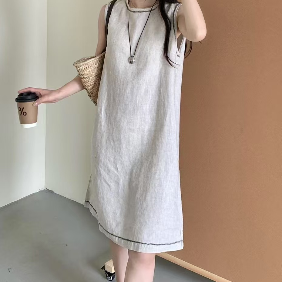 亚麻圆领无袖背心裙2025夏季休闲独特连衣裙26261