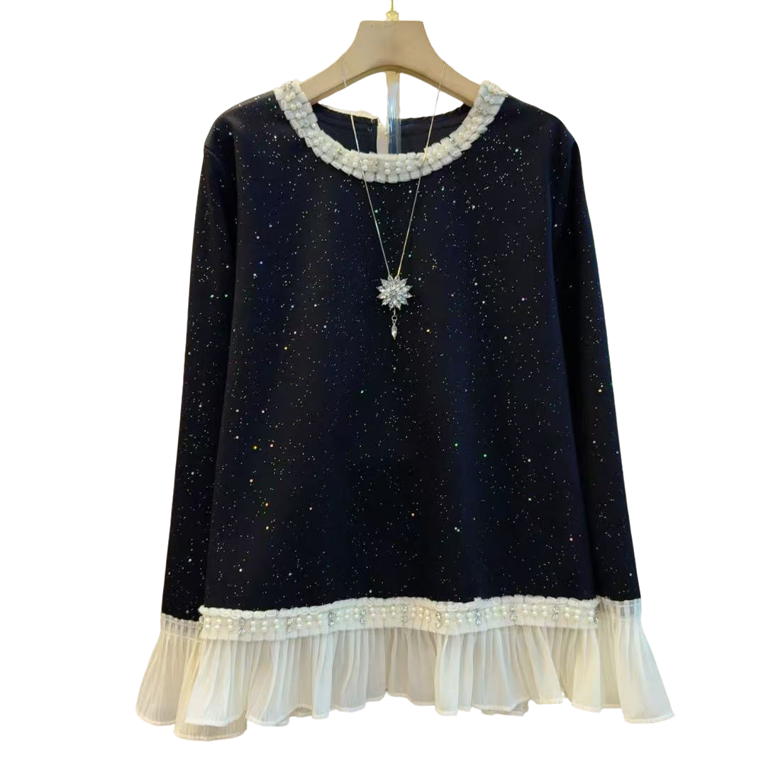 时尚韩系圆领拼接花边显瘦减龄满天星百搭上衣（长65左右）