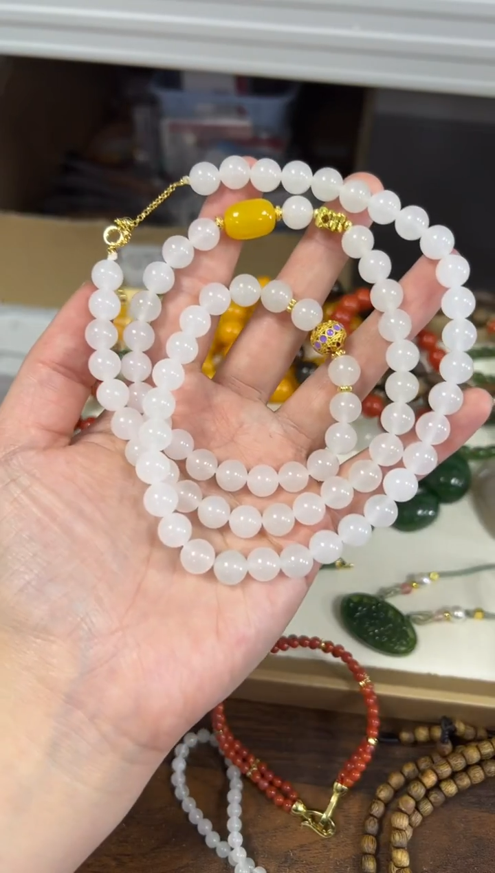 项链未镶嵌石英质玉新疆金丝玉圆珠设计款项链[68]