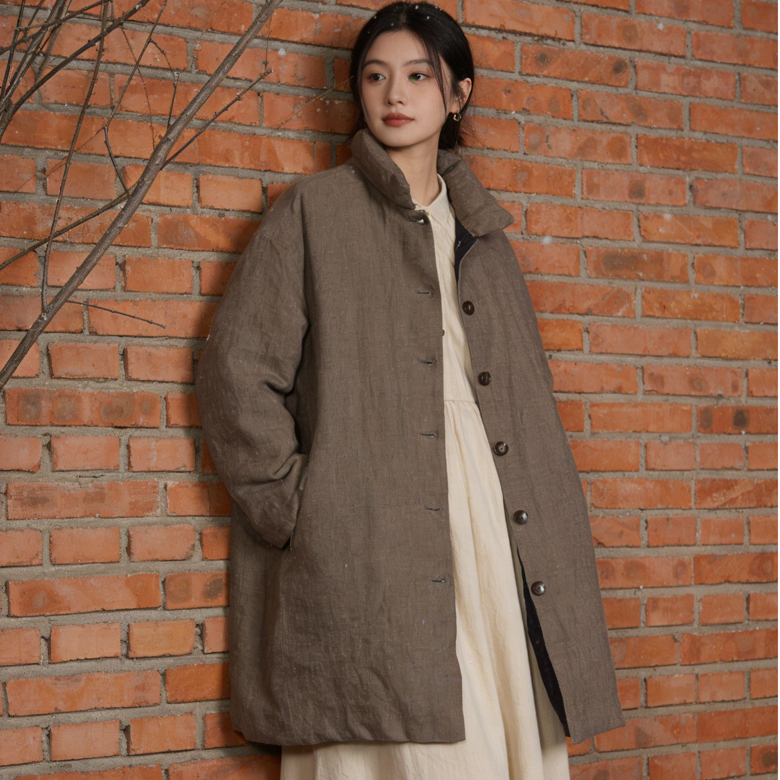 面包领小领子汉麻鹅绒服加厚冬款冬季秋冬休闲复古日系韩版外套