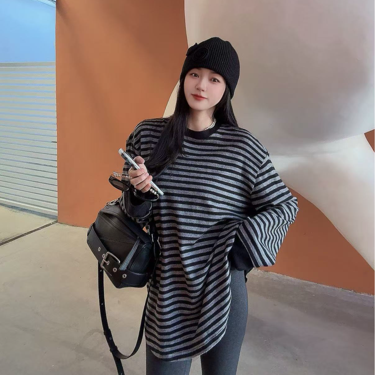 下弧形宽松休闲长袖T 